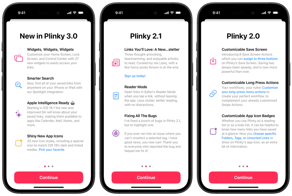 Plinky What's New Screens